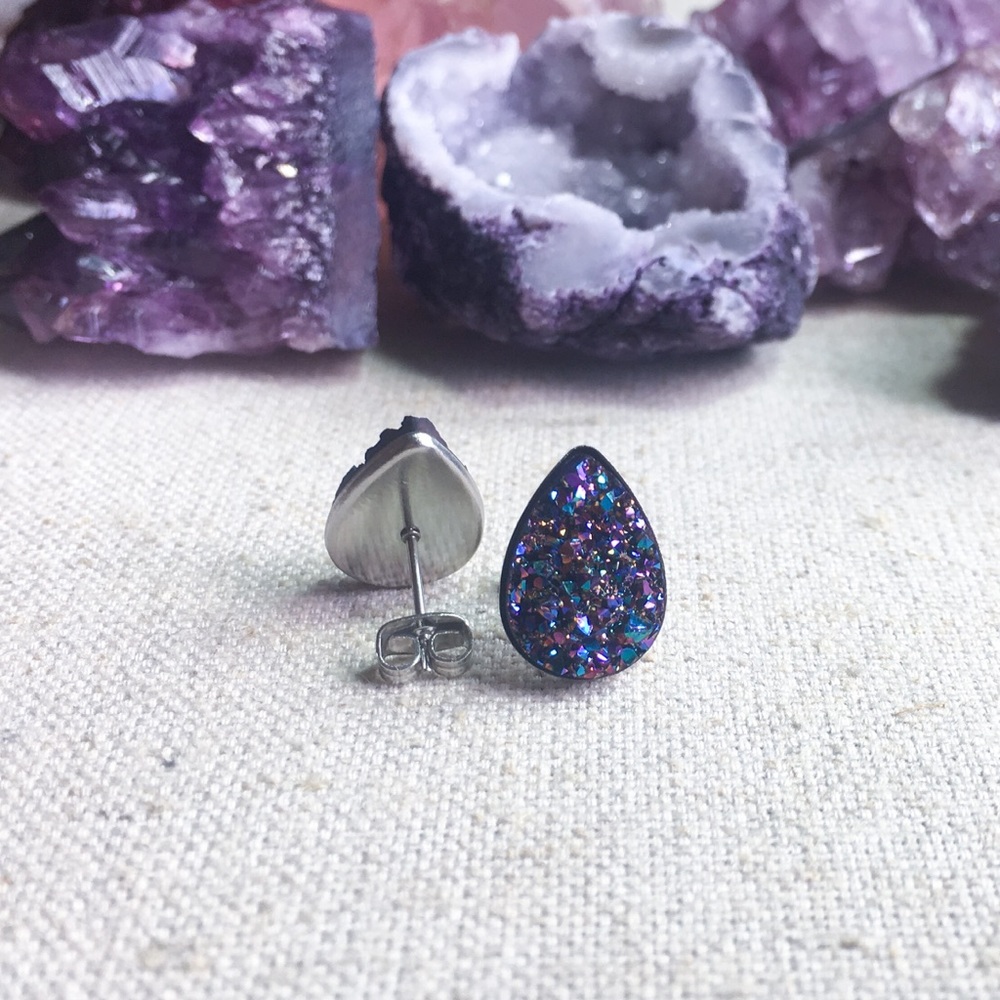 Mystic Purple Teardrop Druzy Studs Hypoallergenic - Picture 3 of 5